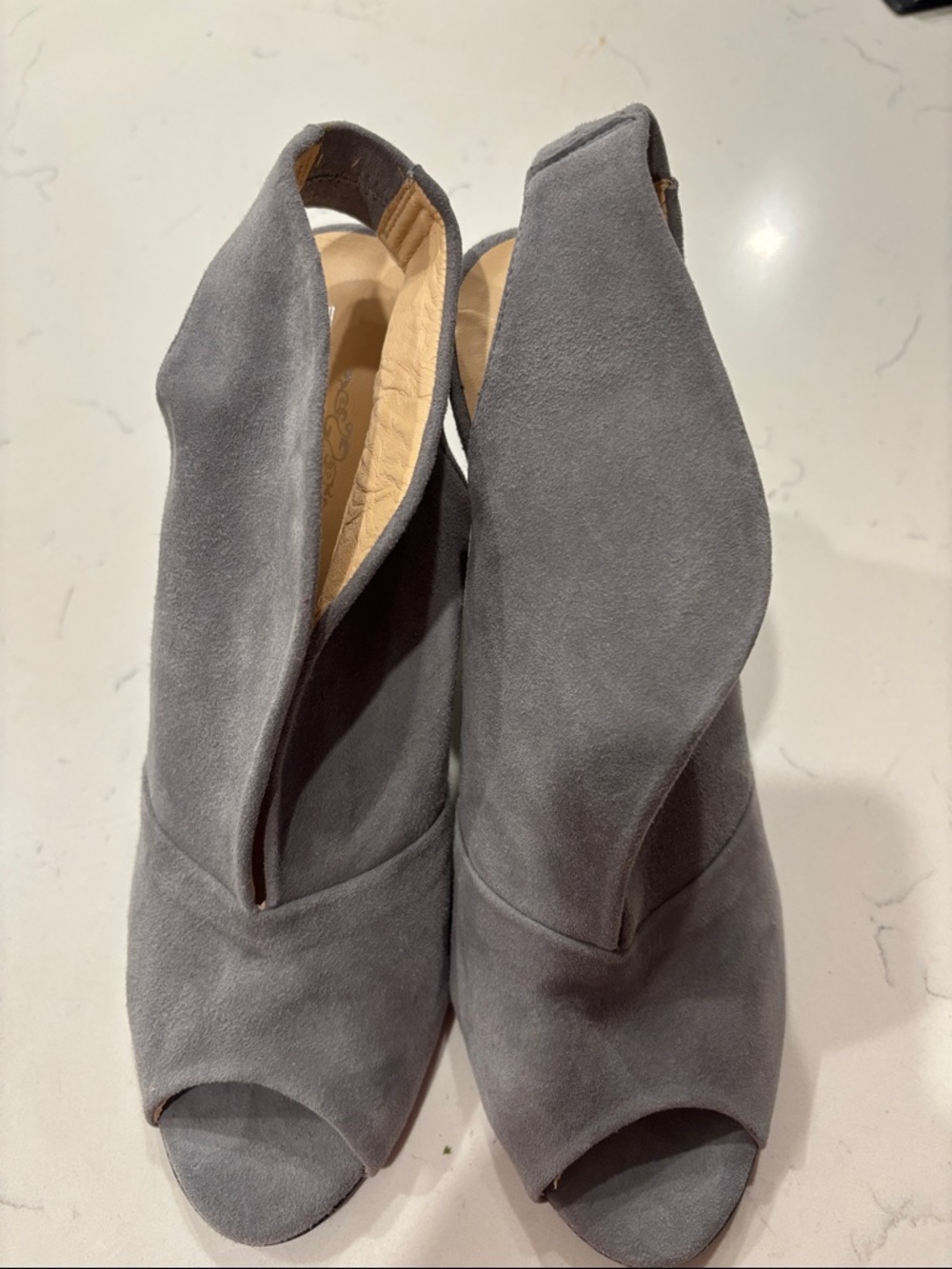 Gray Suede Peep-Toe Slingback Heels